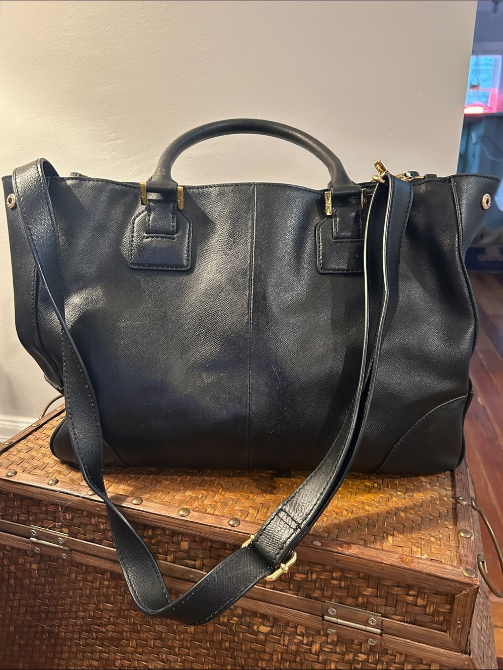 Tory Burch Black Leather Tote with Gold Hardware - Picture 2 of 7